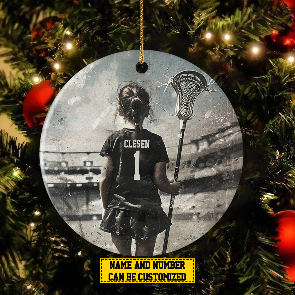 Personalized Lacrosse Girl Christmas Ornament, Make Your Mark On The Field, Xmas Circle Ceramic Ornament Gift For Lacrosse Lovers