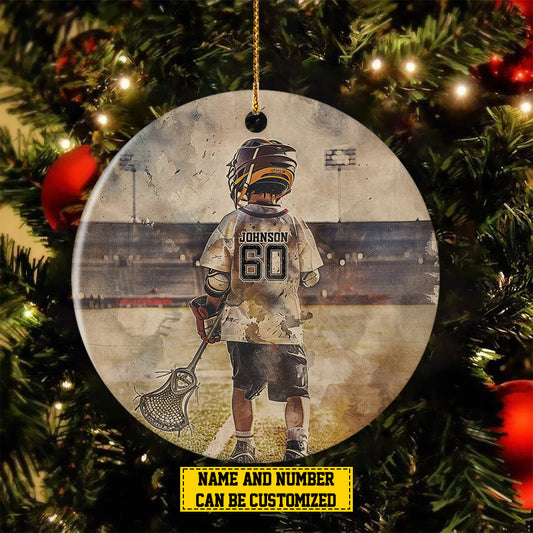 Personalized Lacrosse Boy Christmas Ornament, Make Your Mark On The Field, Xmas Circle Ceramic Ornament Gift For Lacrosse Lovers