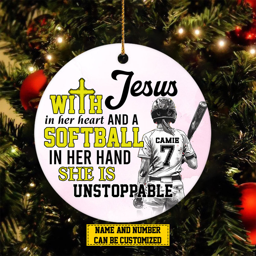 Personalized Softball Girl Christmas Ornament, With Jesus In Her Heart Softball In Her Hand, Xmas Circle Ceramic Ornament Gift For Softball Lovers