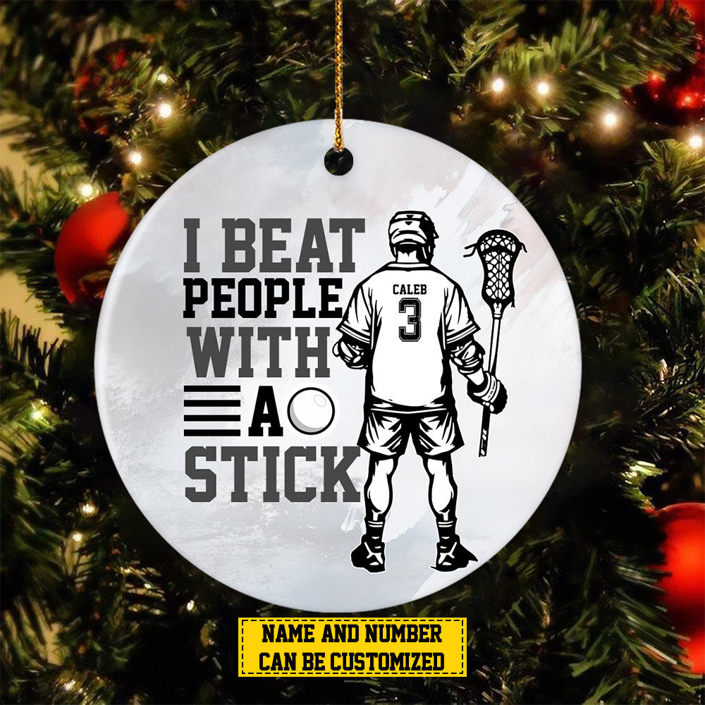 Personalized Lacrosse Boy Christmas Ornament, I Beat People With A Stick, Xmas Circle Ceramic Ornament Gift For Lacrosse Lovers