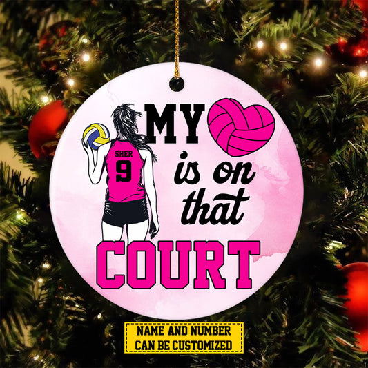 Personalized Volleyball Girl Christmas Ornament, My Heart Is On That Court, Xmas Circle Ceramic Ornament Gift For Volleyball Lovers