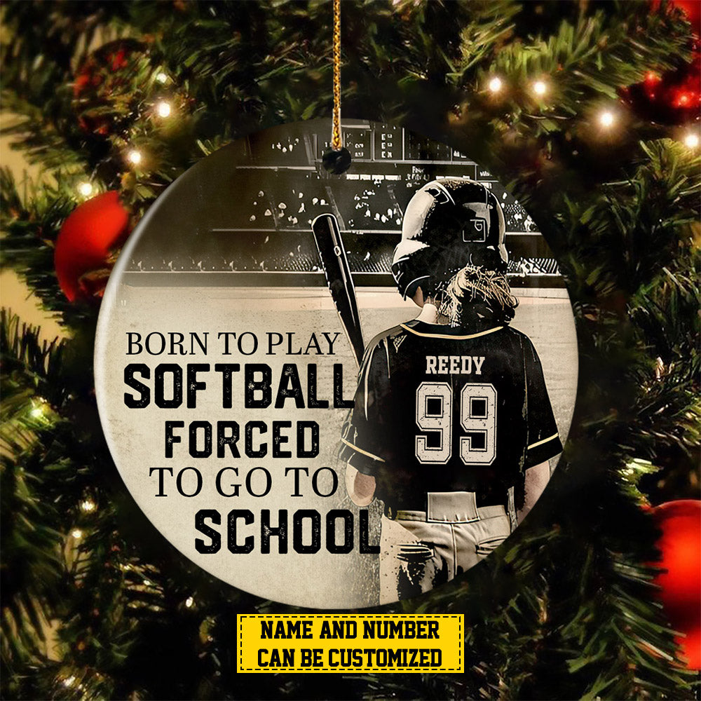 Personalized Funny Softball Girl Christmas Ornament, Born To Play Softball, Xmas Circle Ceramic Ornament Gift For Softball Lovers