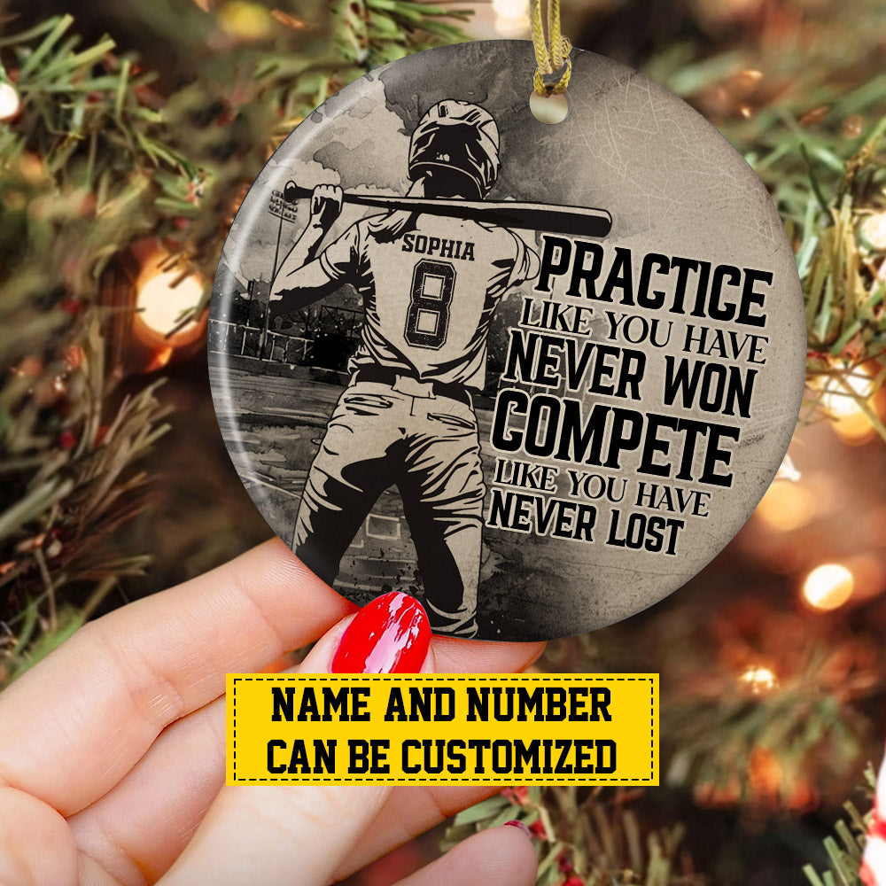 Personalized Motivational Softball Girl Christmas Ornament, Compete Like You Have Never Lost, Xmas Circle Ceramic Ornament Gift For Softball Lovers