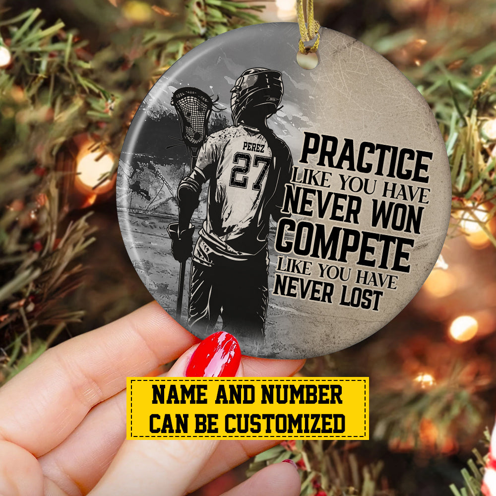 Personalized Motivational Lacrosse Boy Christmas Ornament, Compete Like You Have Never Lost, Xmas Circle Ceramic Ornament Gift For Lacrosse Lovers