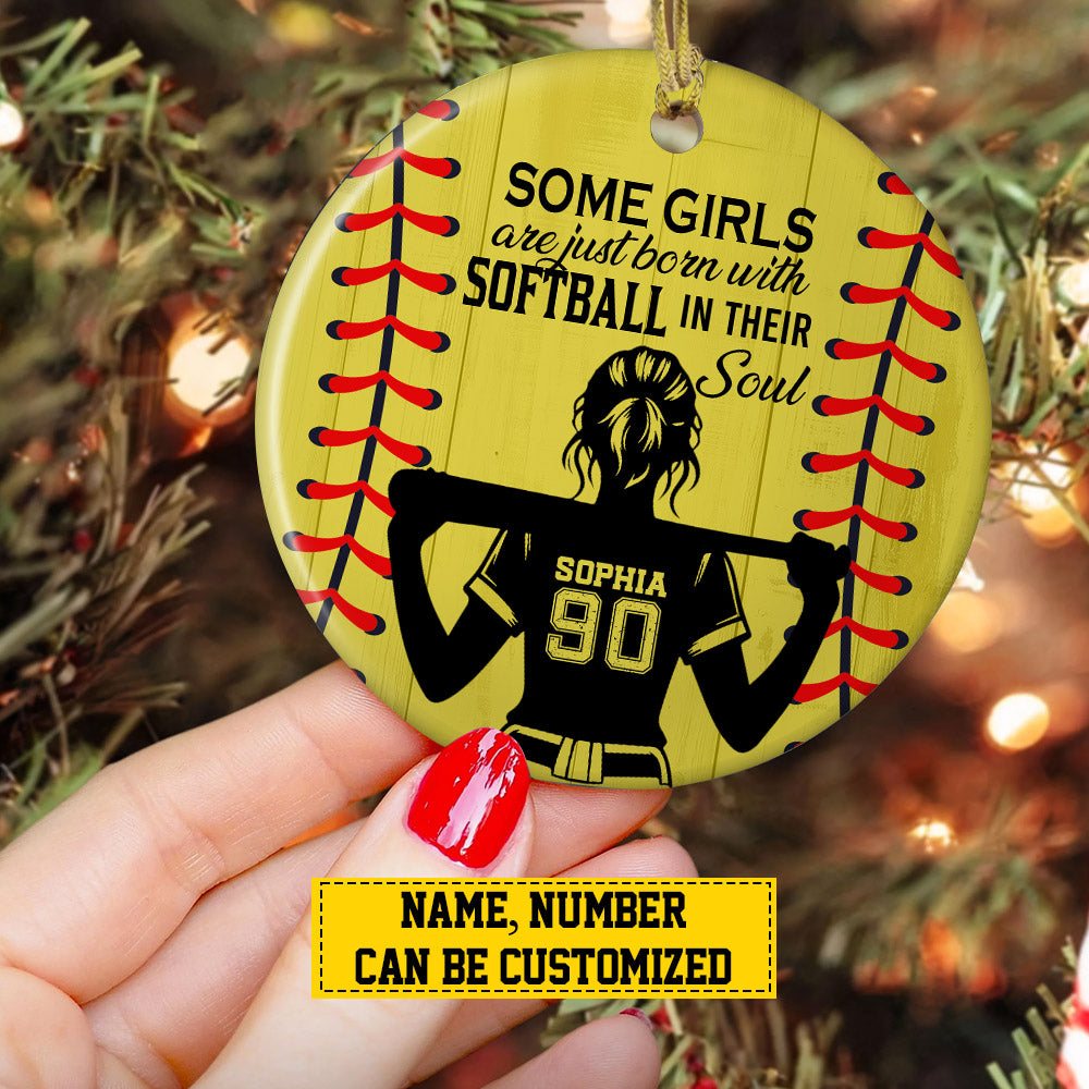 Personalized Softball Girl Christmas Ornament, Some Girls Are Just Born With, Xmas Circle Ceramic Ornament Gift For Softball Lovers