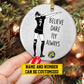 Personalized Volleyball Girl Christmas Ornament, Believe Dare Fly Always, Xmas Circle Ceramic Ornament Gift For Volleyball Lovers