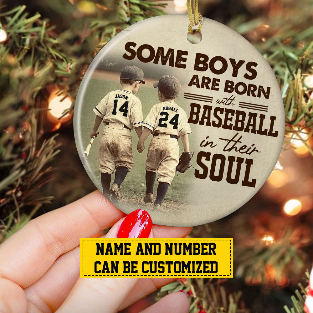 Personalized Couple Baseball Boy Christmas Ornament, Some Boys Are Born With, Xmas Circle Ceramic Ornament Gift For Baseball Lovers