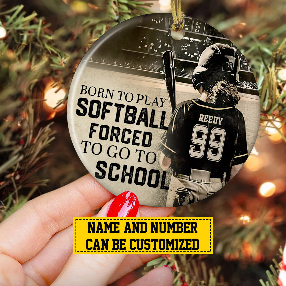 Personalized Funny Softball Girl Christmas Ornament, Born To Play Softball, Xmas Circle Ceramic Ornament Gift For Softball Lovers