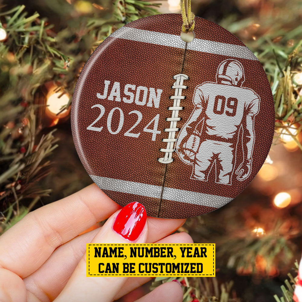 Personalized Vintage Football Boy Christmas Ornament, Xmas Circle Ceramic Ornament Gift For Football Lovers