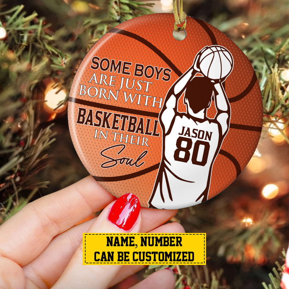 Personalized Basketball Boy Christmas Ornament, Some Boys Are Just Born With, Xmas Circle Ceramic Ornament Gift For Basketball Lovers