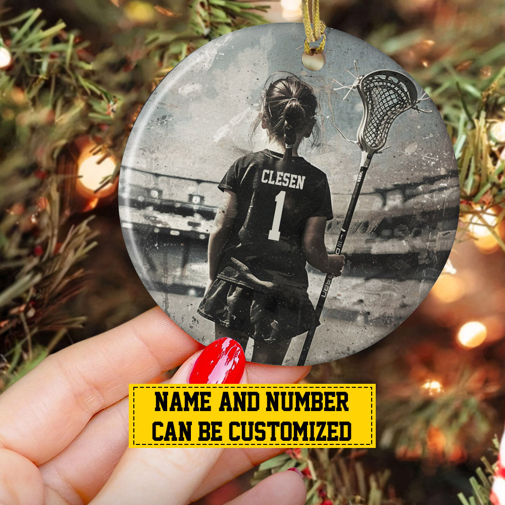 Personalized Lacrosse Girl Christmas Ornament, Make Your Mark On The Field, Xmas Circle Ceramic Ornament Gift For Lacrosse Lovers