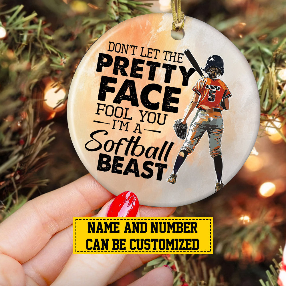 Personalized Softball Girl Christmas Ornament, I'm A Softball Beast, Xmas Circle Ceramic Ornament Gift For Softball Lovers