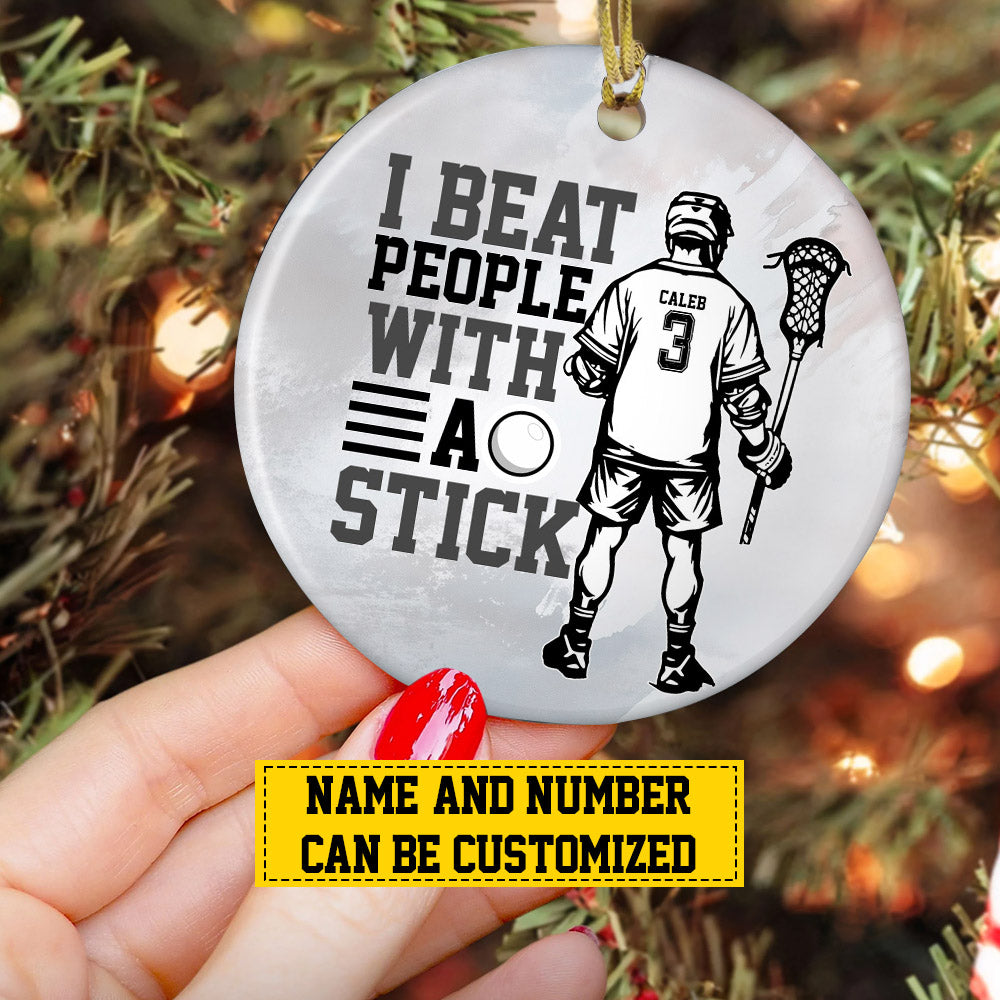 Personalized Lacrosse Boy Christmas Ornament, I Beat People With A Stick, Xmas Circle Ceramic Ornament Gift For Lacrosse Lovers