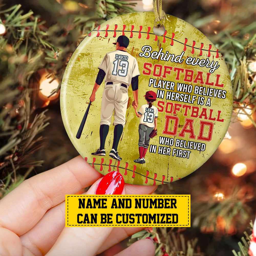 Personalized Softball Girl Christmas Ornament, Who Believed In Her First, Xmas Circle Ceramic Ornament Gift For Dad From Daughter