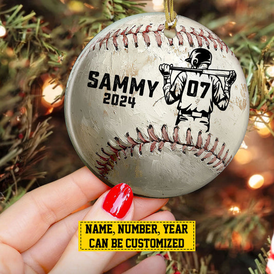 Personalized Vintage Baseball Boy Christmas Ornament, Xmas Circle Ceramic Ornament Gift For Baseball Lovers