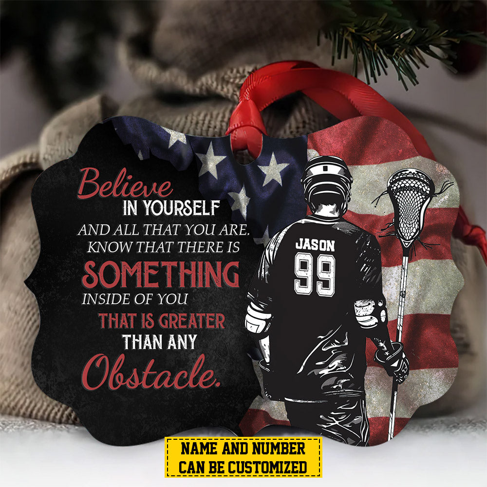 Personalized Motivational Lacrosse Boy Christmas Ornament, Believe In Yourself, Xmas Aluminum Ornament Gift For Lacrosse Lovers