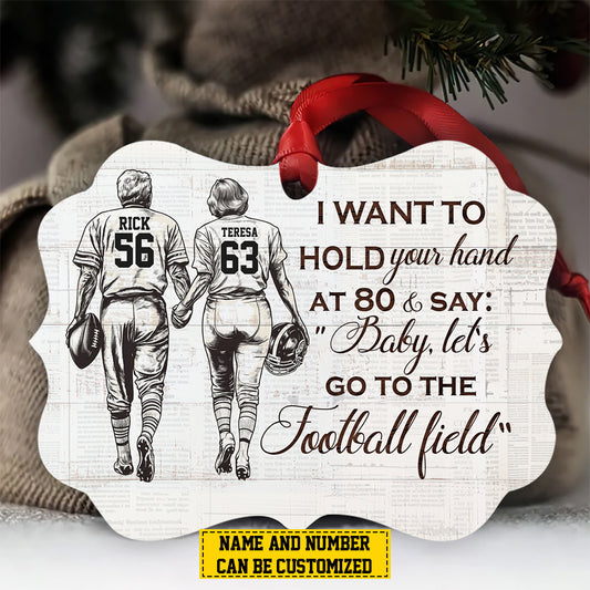 Personalized Couple Football Christmas Ornament, I Want To Hold Your Hand, Xmas Aluminum Ornament Gift For Football Lovers