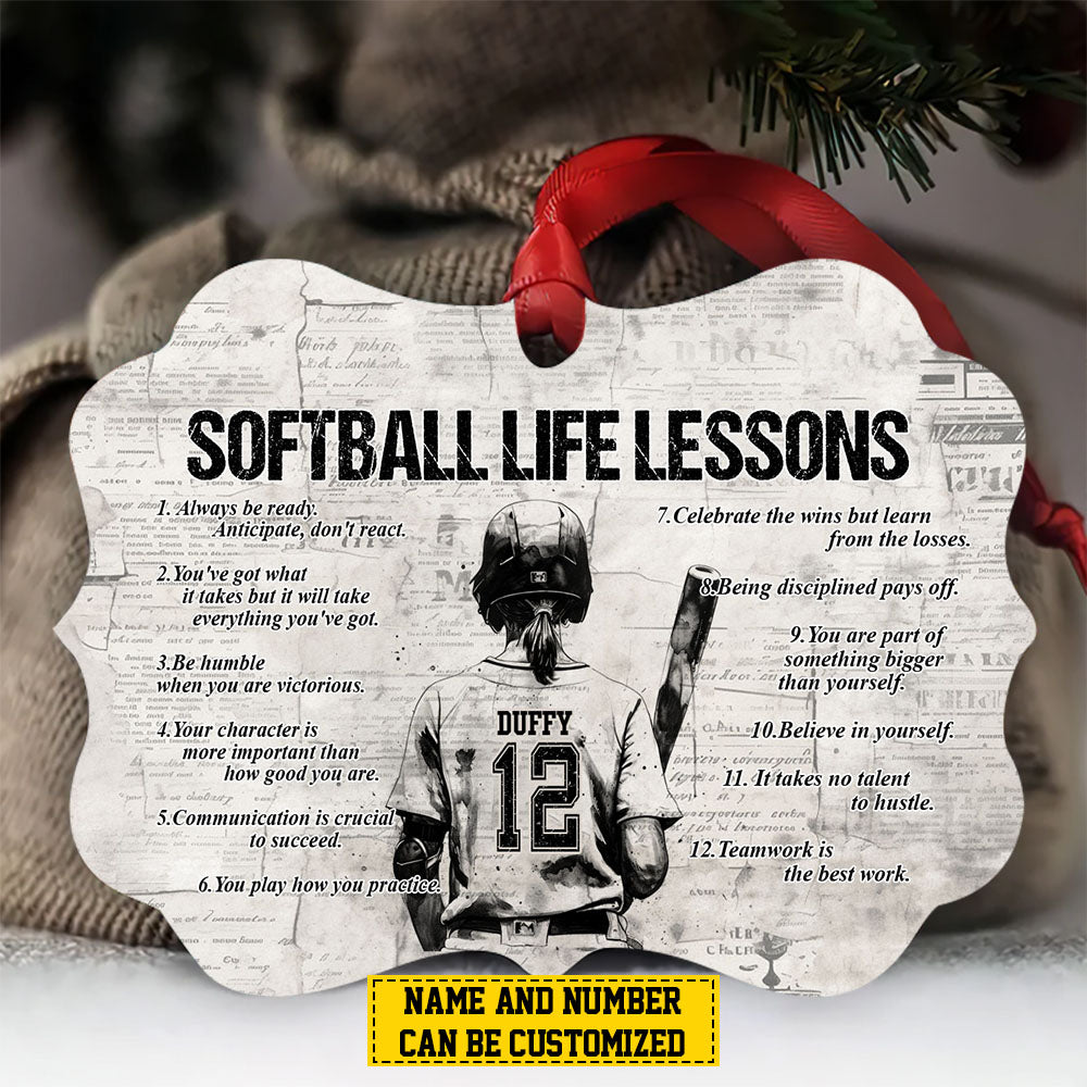 Personalized Motivational Softball Girl Christmas Ornament, Softball Life Lessons, Xmas Aluminum Ornament Gift For Softball Lovers