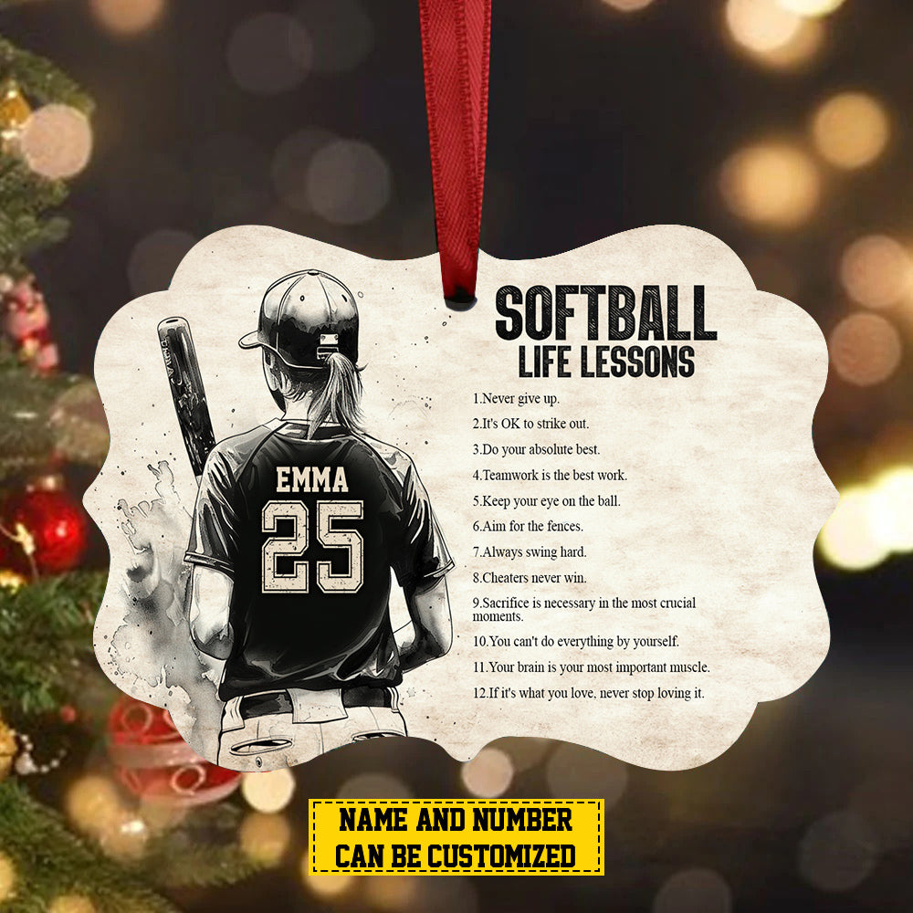 Personalized Softball Girl Christmas Ornament, Never Give Up, Xmas Aluminum Ornament Gift For Softball Lovers