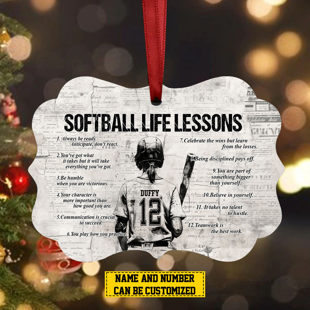 Personalized Motivational Softball Girl Christmas Ornament, Softball Life Lessons, Xmas Aluminum Ornament Gift For Softball Lovers