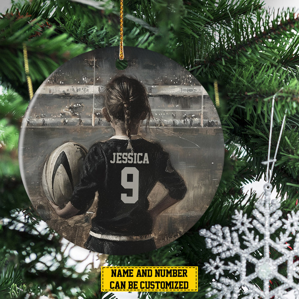 Personalized Rugby Girl Christmas Ornament, Born To Play Rugby, Xmas Circle Ceramic Ornament Gift For Softball Lovers