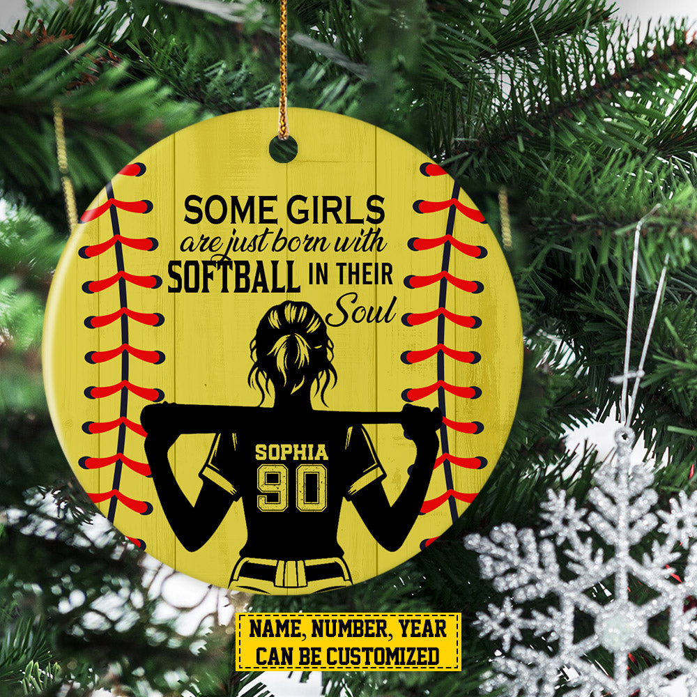 Personalized Softball Girl Christmas Ornament, Some Girls Are Just Born With, Xmas Circle Ceramic Ornament Gift For Softball Lovers