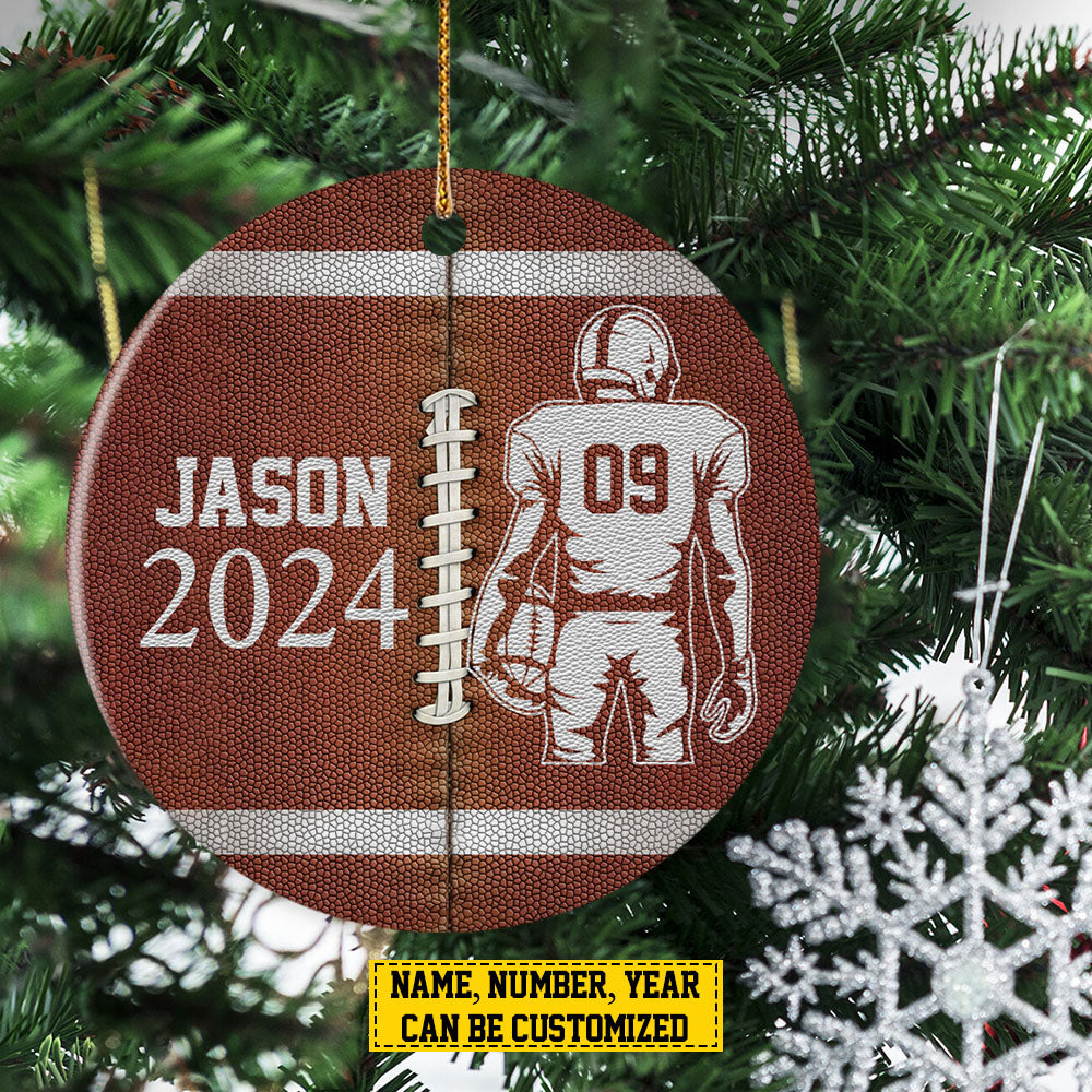Personalized Vintage Football Boy Christmas Ornament, Xmas Circle Ceramic Ornament Gift For Football Lovers