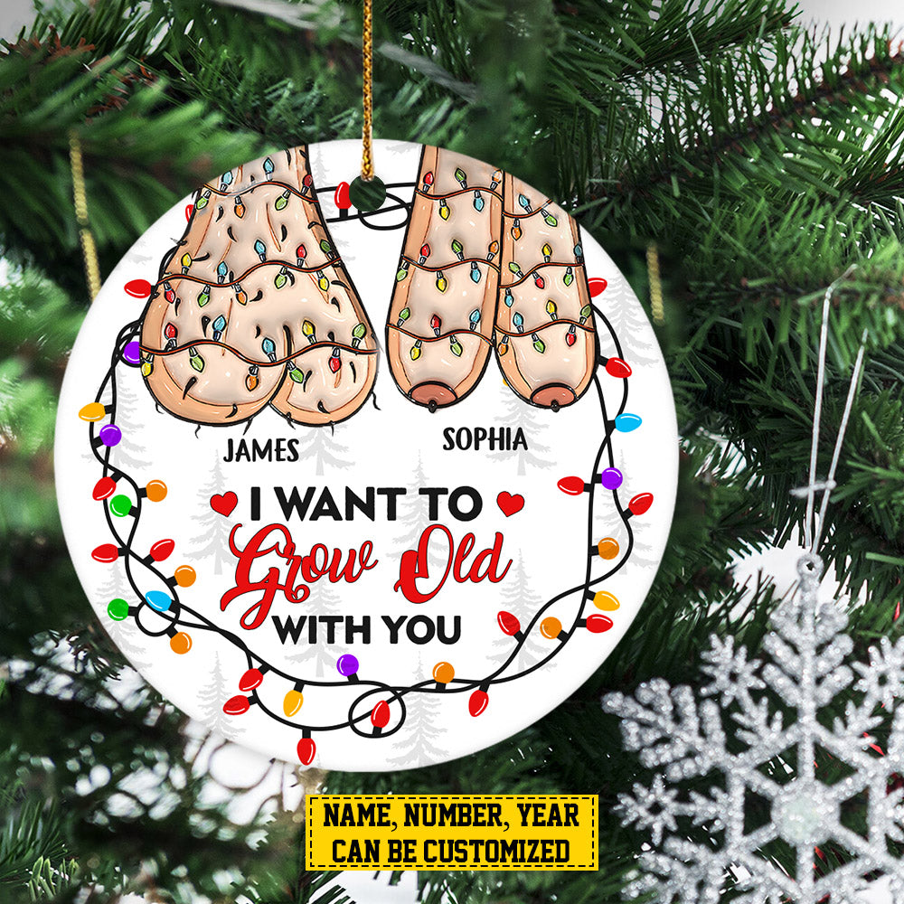 Funny Personalized Couple Christmas Ornament, Custom I Want to Grow Old With You Circle Ceramic Ornament Gift For Couples Family