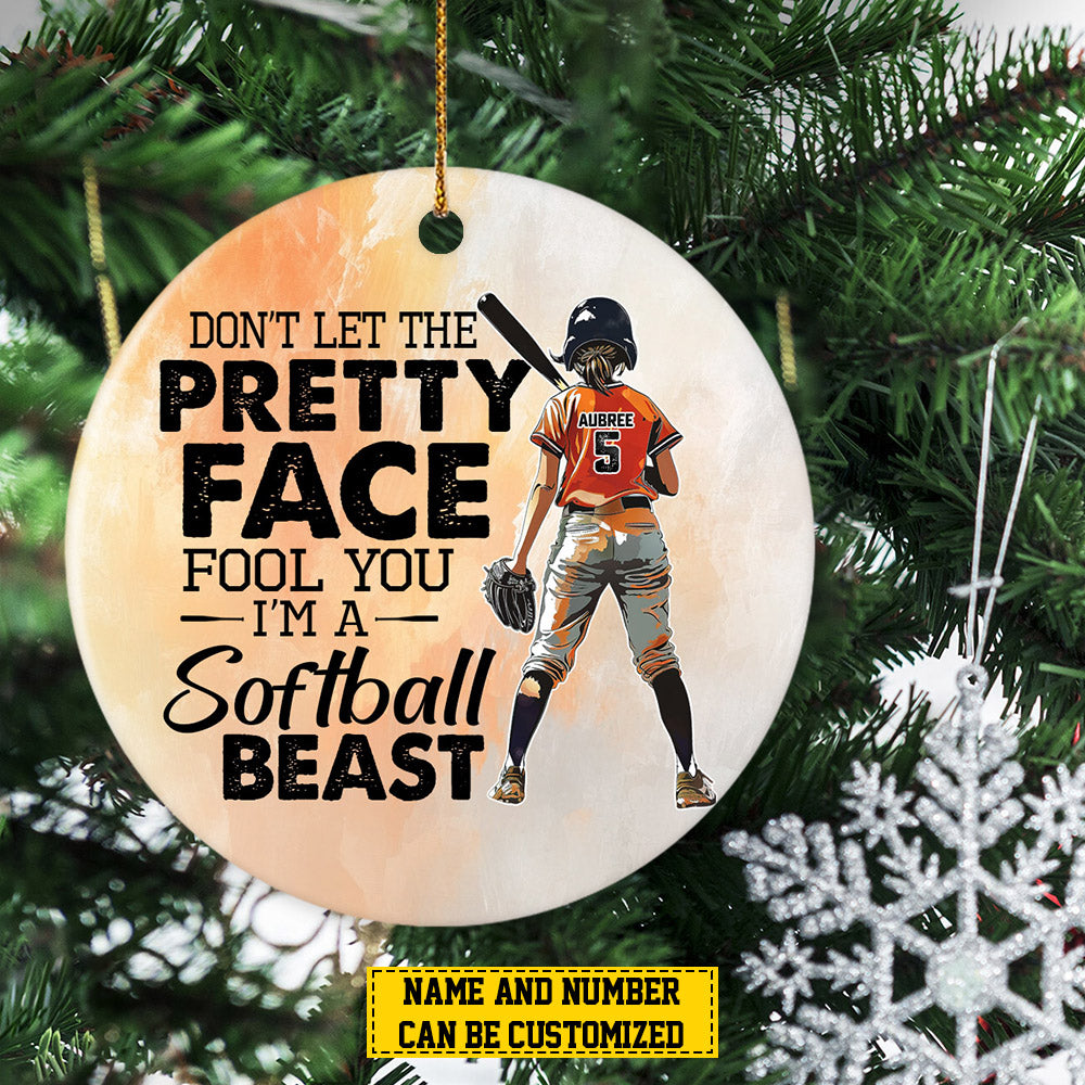 Personalized Softball Girl Christmas Ornament, I'm A Softball Beast, Xmas Circle Ceramic Ornament Gift For Softball Lovers