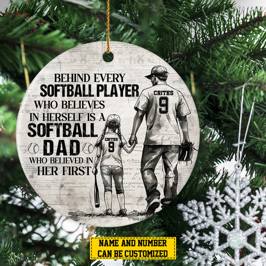 Personalized Softball Girl Christmas Ornament, Softball Dad Who Believed In Her First, Xmas Circle Ceramic Ornament Gift For Dad From Daughter