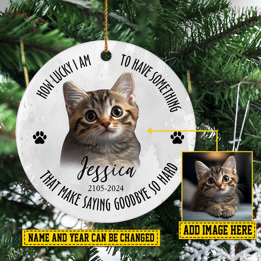 Personalized Cat Christmas Ornament, How Lucky I Am, Xmas Circle Ceramic Ornament Gift For Cat Lovers