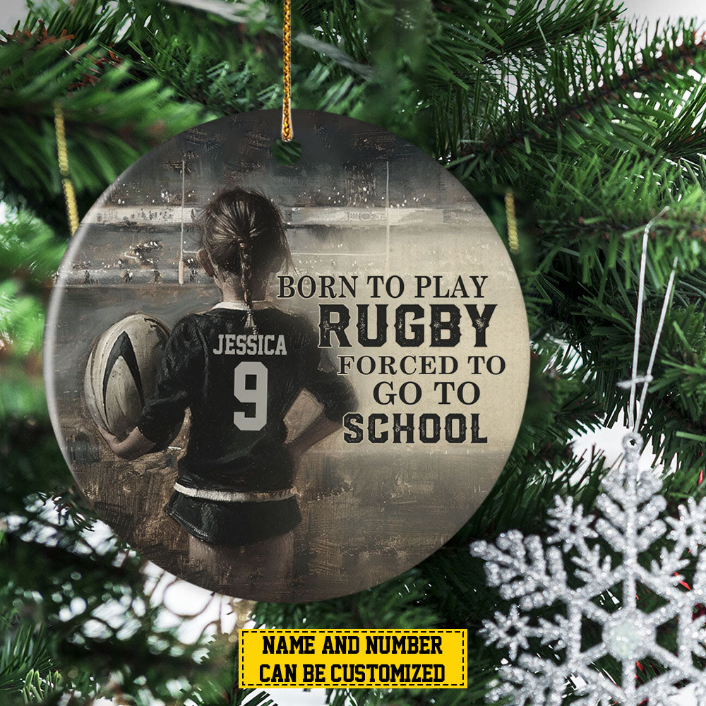 Personalized Rugby Girl Christmas Ornament, Born To Play Rugby, Xmas Circle Ceramic Ornament Gift For Softball Lovers