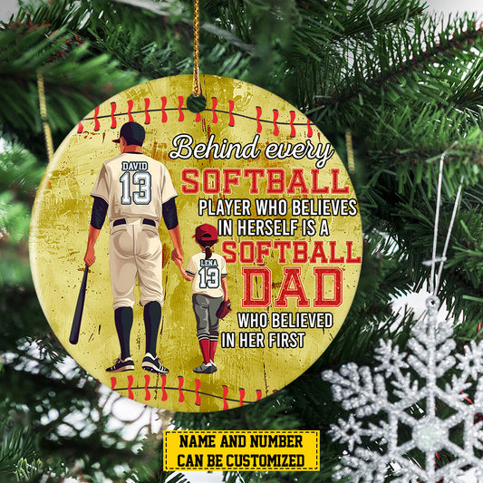 Personalized Softball Girl Christmas Ornament, Who Believed In Her First, Xmas Circle Ceramic Ornament Gift For Dad From Daughter