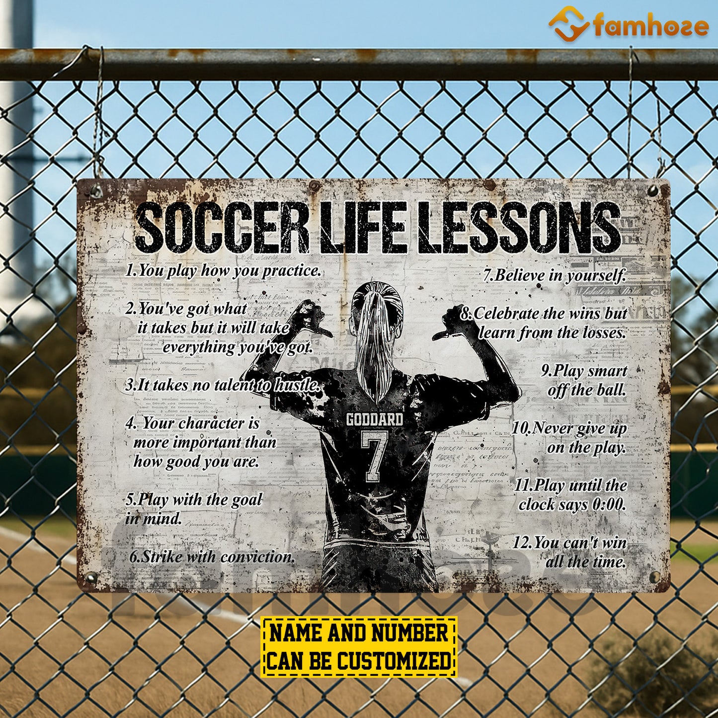 Personalized Soccer Woman Metal Sign, Inspirational Soccer Life Lessons Sports Sign, Field Decor Gift For Soccer Lovers