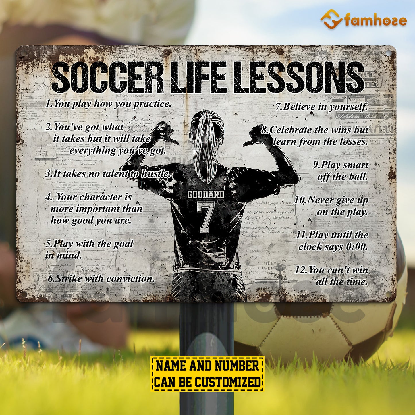 Personalized Soccer Woman Metal Sign, Inspirational Soccer Life Lessons Sports Sign, Field Decor Gift For Soccer Lovers