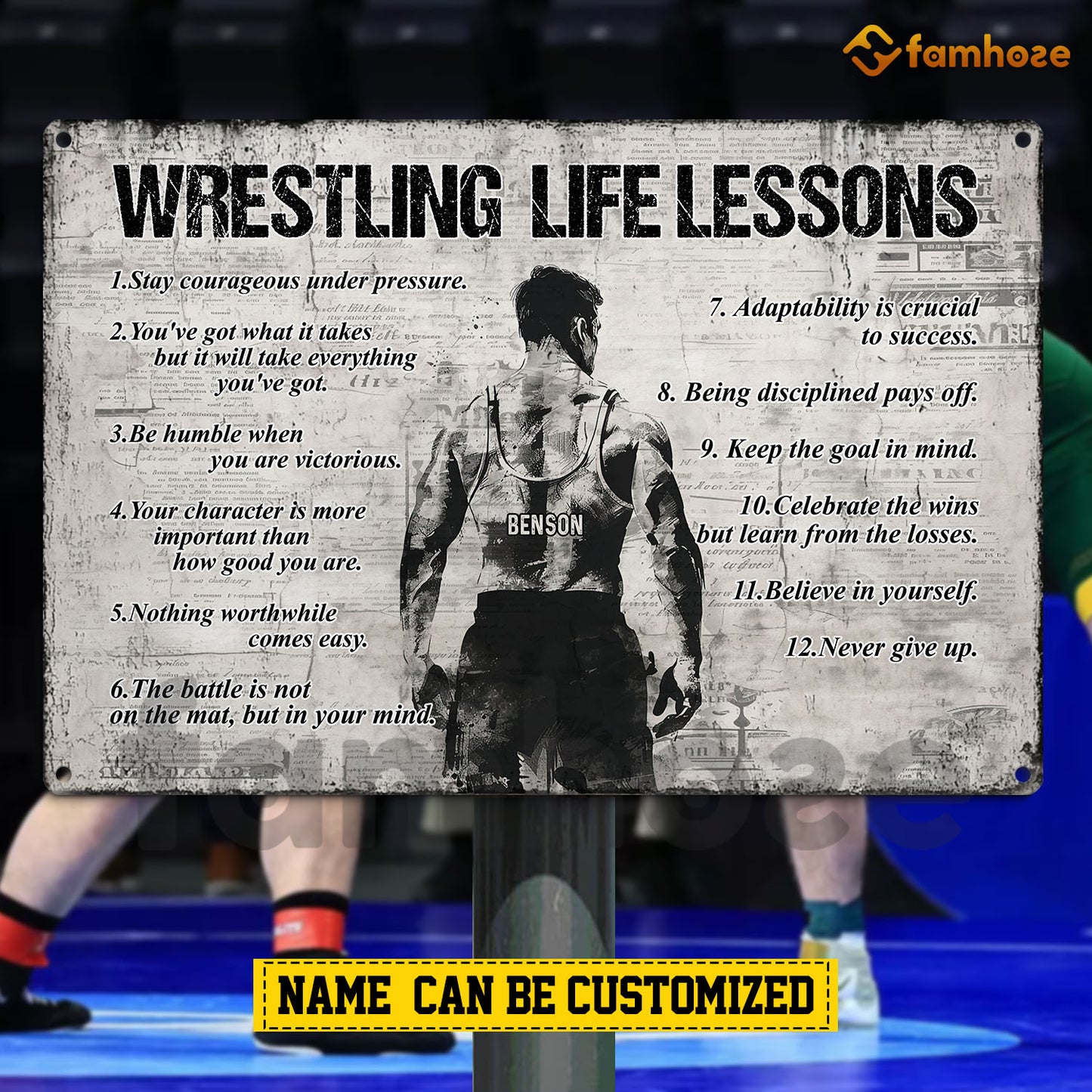 Personalized Wrestling Metal Sign, Inspirational Wrestling Life Lessons Sports Sign, Field Decor Gift For Wrestling Lovers