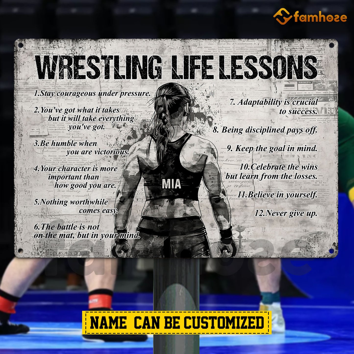 Personalized Wrestling Woman Metal Sign, Inspirational Wrestling Life Lessons Sports Sign, Field Decor Gift For Wrestling Lovers