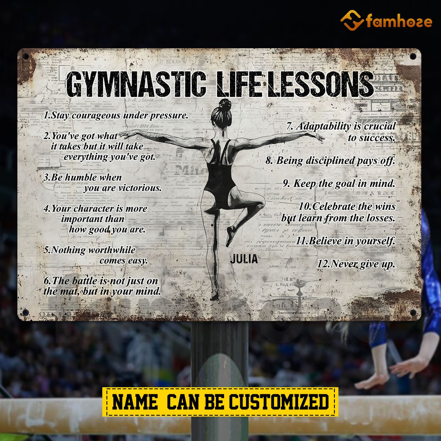 Personalized Gymnastic Woman Metal Sign, Inspirational Gymnastic Life Lessons Sports Sign, Field Decor Gift For Gymnastic Lovers