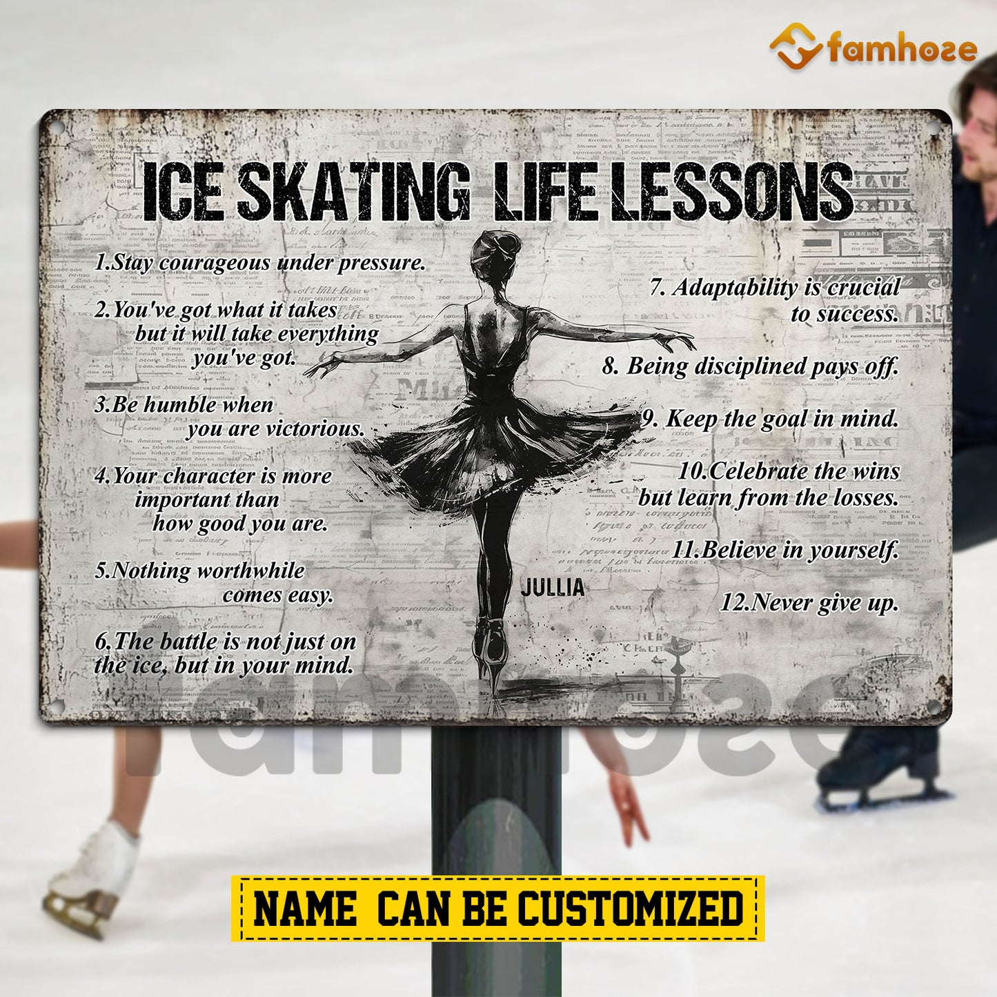 Personalized Ice Skating Woman Metal Sign, Inspirational Ice Skating Life Lessons Sports Sign, Field Decor Gift For Ice Skating Lovers