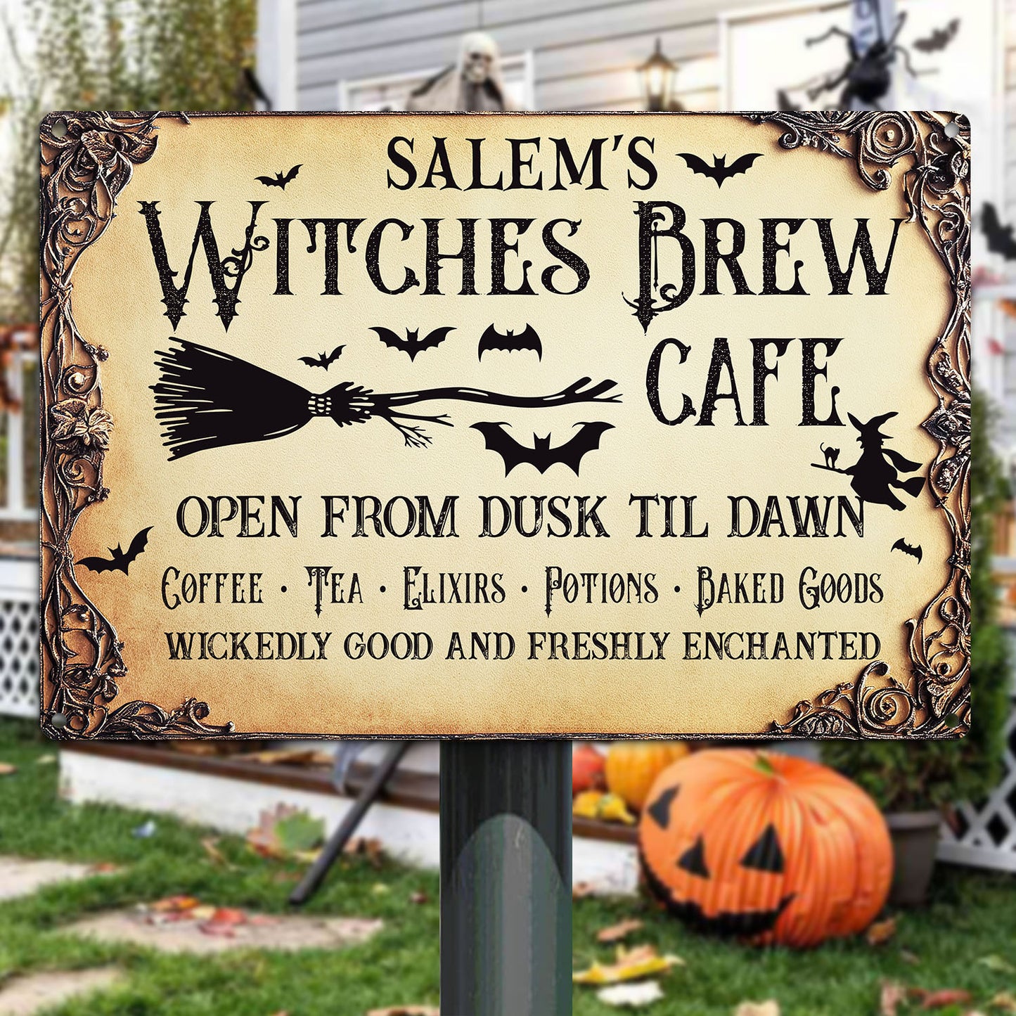 Halloween Witch Metal Sign, Salem's Witched Brew, Welcome To The Magical Garden Backyard Sign