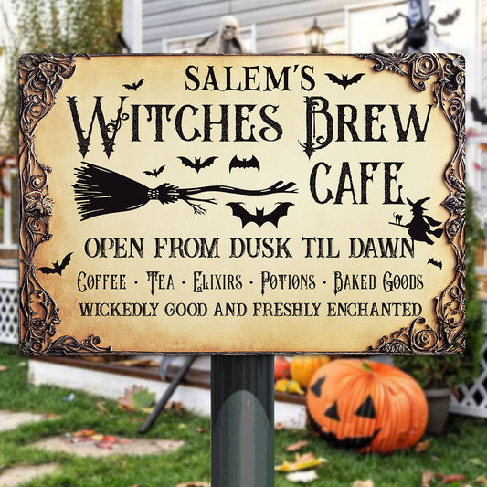 Halloween Witch Metal Sign, Salem's Witched Brew, Welcome To The Magical Garden Backyard Sign