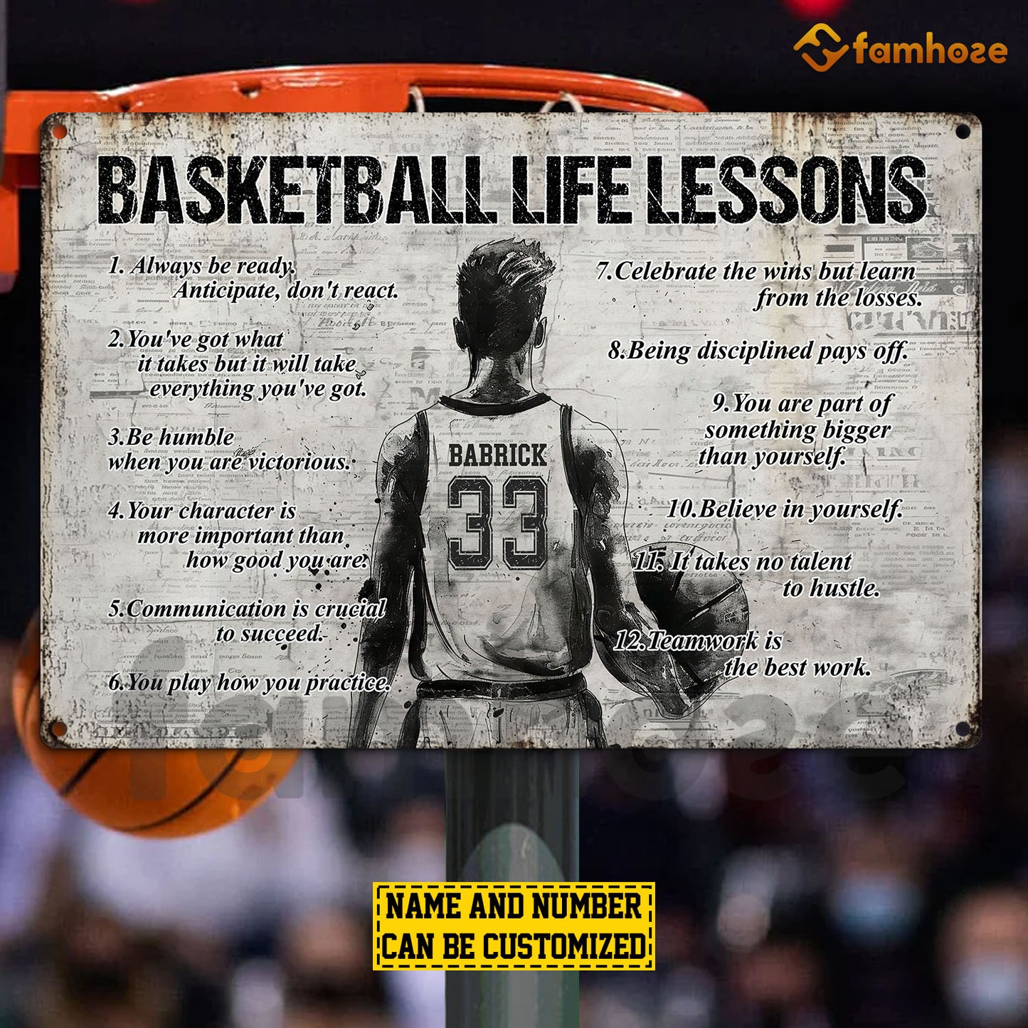 Personalized Basketball Boy Metal Sign, Inspirational Basketball Life Lessons Sports Sign, Field Decor Gift For Basketball Lovers