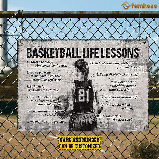 Personalized Basketball Woman Metal Sign, Inspirational Basketball Life Lessons Sports Sign, Field Decor Gift For Basketball Lovers