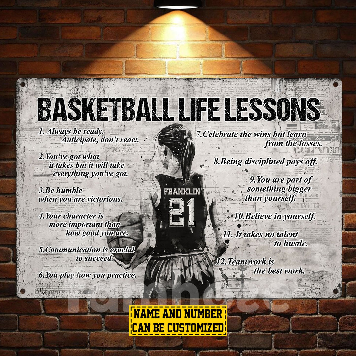 Personalized Basketball Woman Metal Sign, Inspirational Basketball Life Lessons Sports Sign, Field Decor Gift For Basketball Lovers