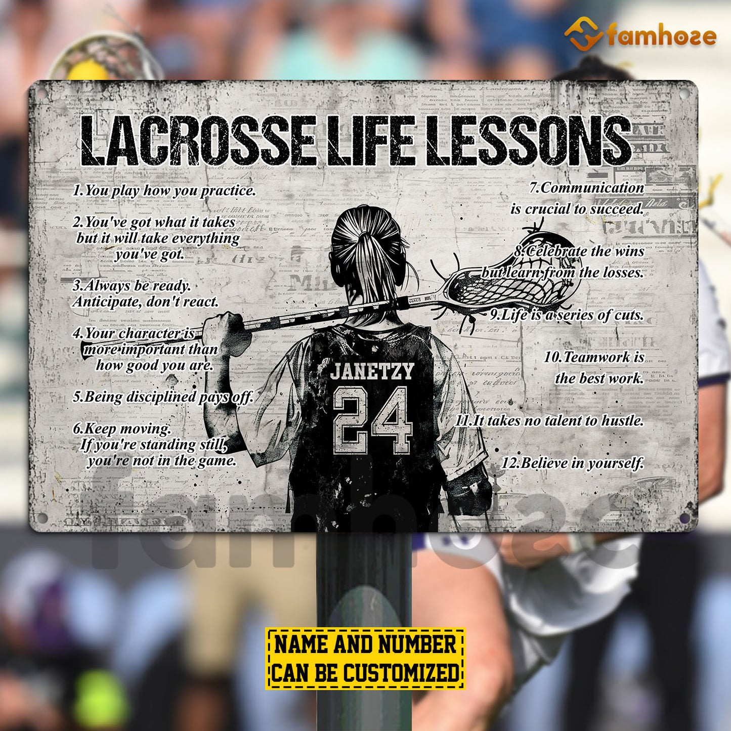 Personalized Lacrosse Girl Metal Sign, Inspirational Lacrosse Life Lessons Sports Sign, Field Decor Gift For Lacrosse Lovers