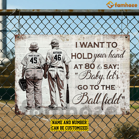 Vintage Personalized Old Baseball Couple Metal Sign, I Want To Hold Your Hand Sports Sign, Field Decor Gift For Softball Lovers