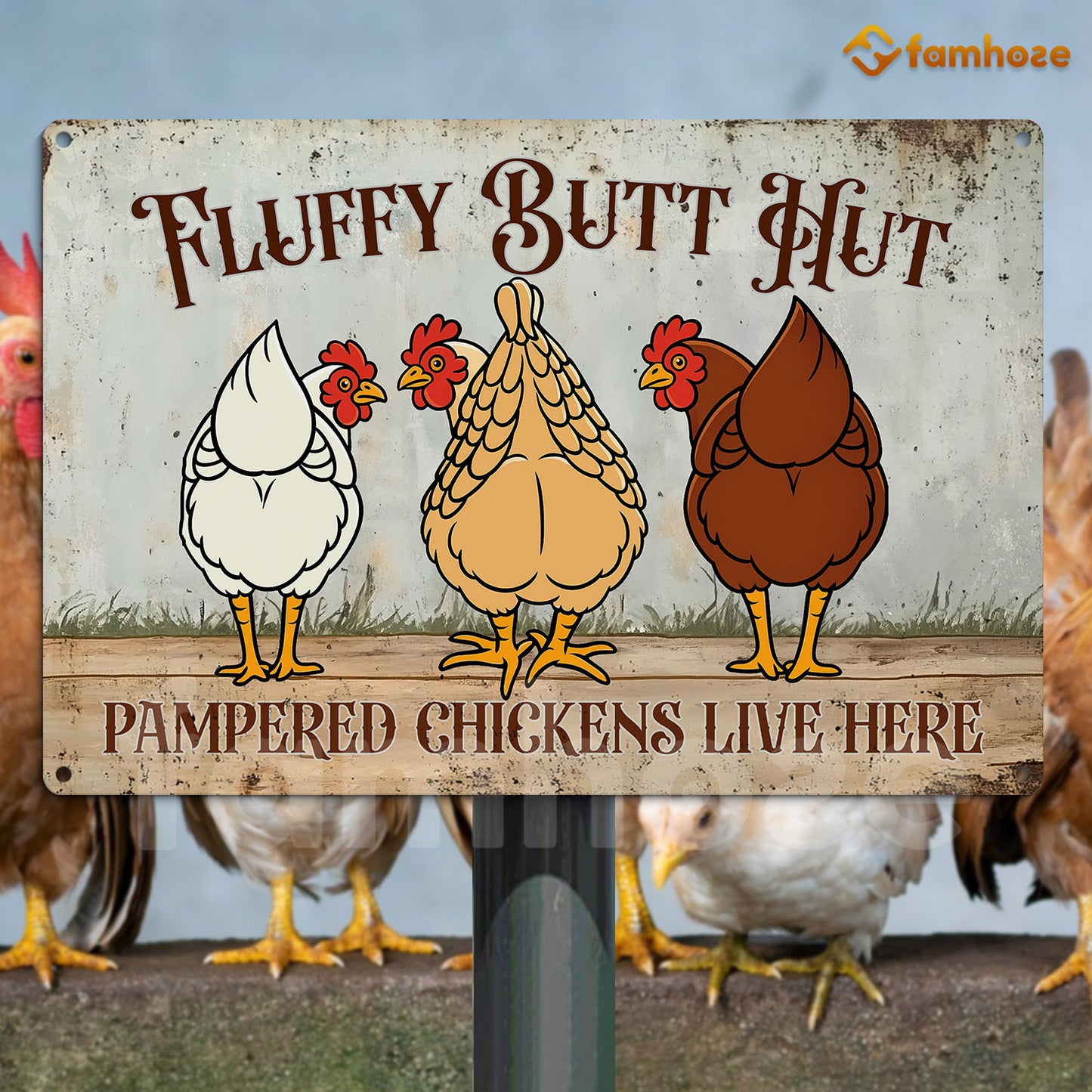 Funny Chicken Metal Sign, Fluffy Butt Hut Farm Sign, Farm Decor Gift For Chicken Lovers