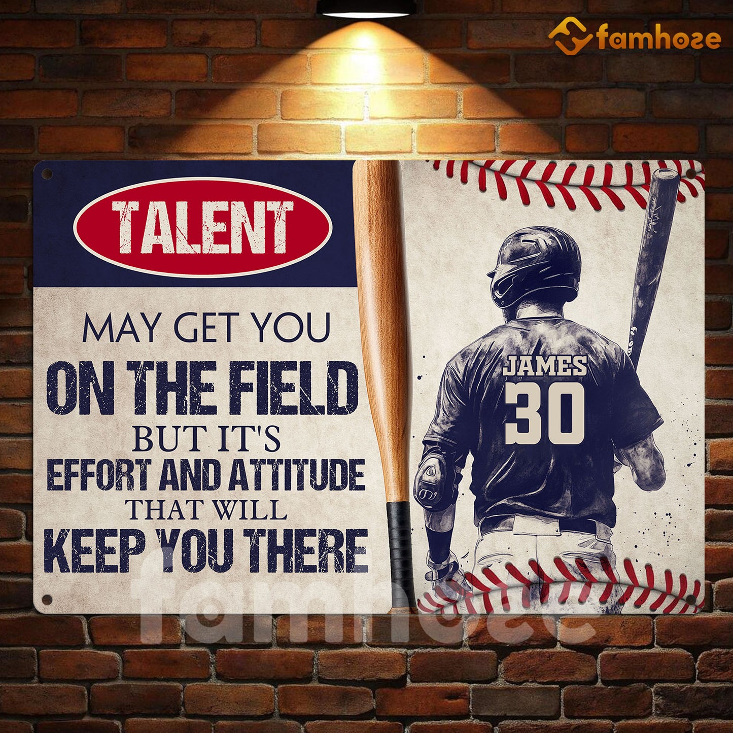 Motivational Personalized Baseball Metal Sign, Talent May Get You On The Field Sport Sign, Field Decor Gift For Baseball Lovers
