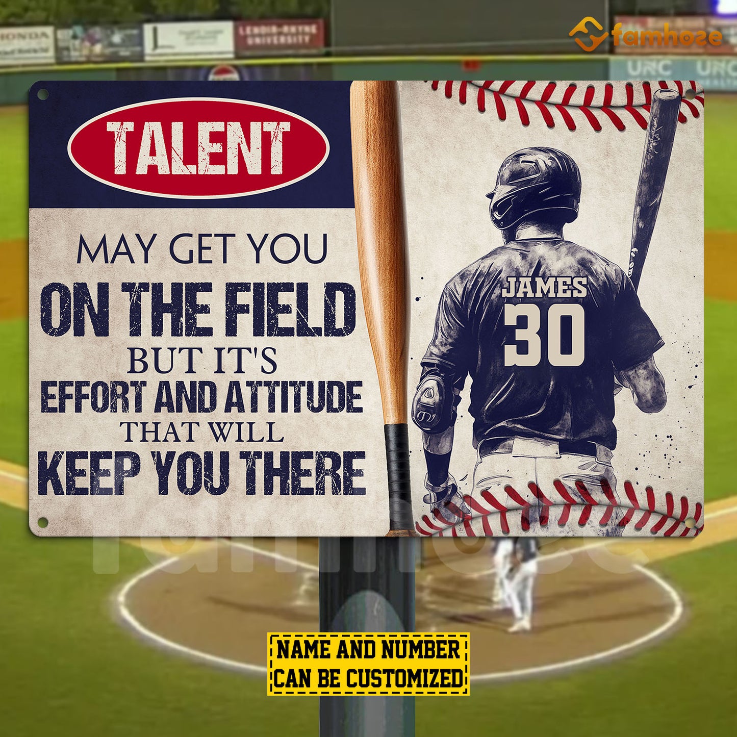 Motivational Personalized Baseball Metal Sign, Talent May Get You On The Field Sport Sign, Field Decor Gift For Baseball Lovers