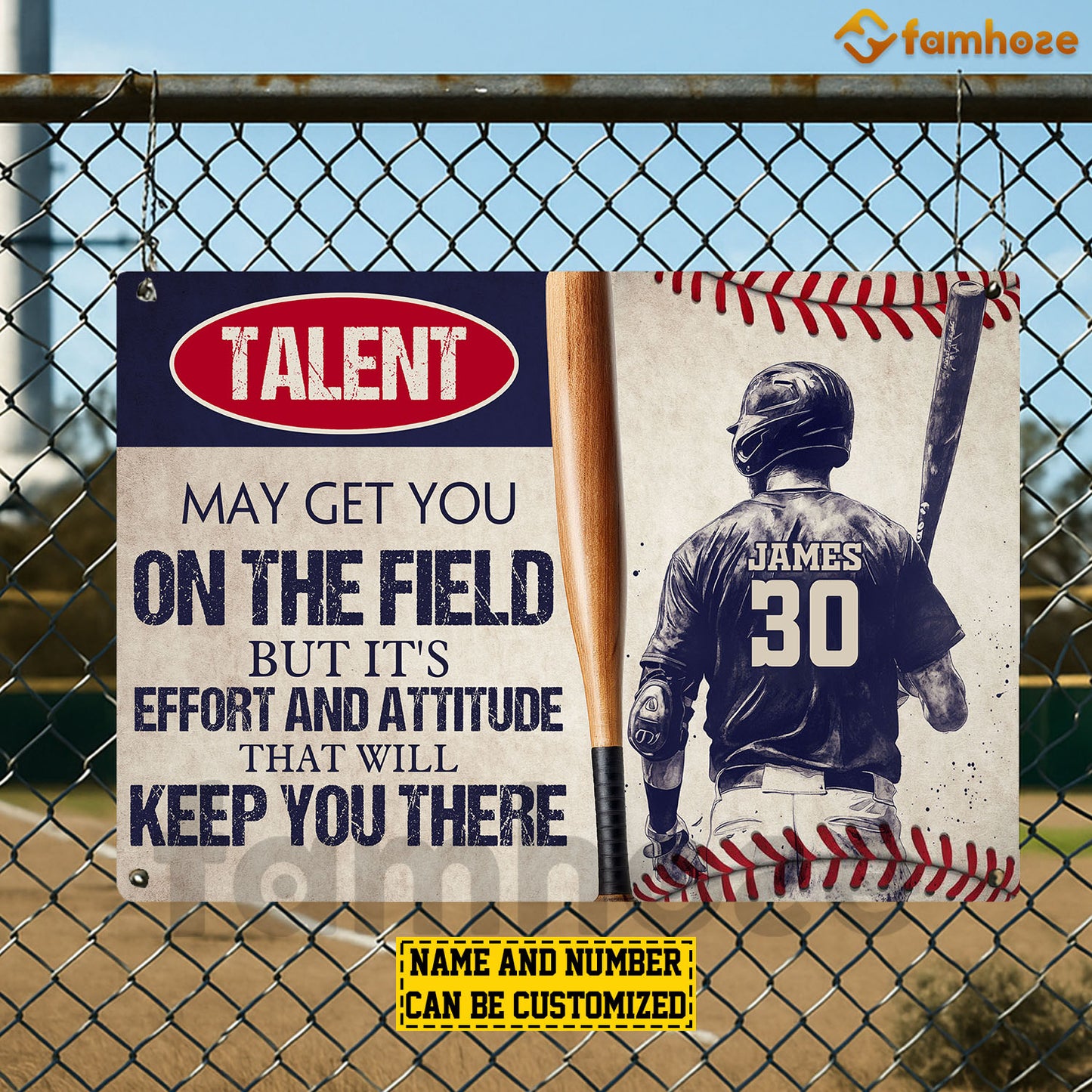 Motivational Personalized Baseball Metal Sign, Talent May Get You On The Field Sport Sign, Field Decor Gift For Baseball Lovers